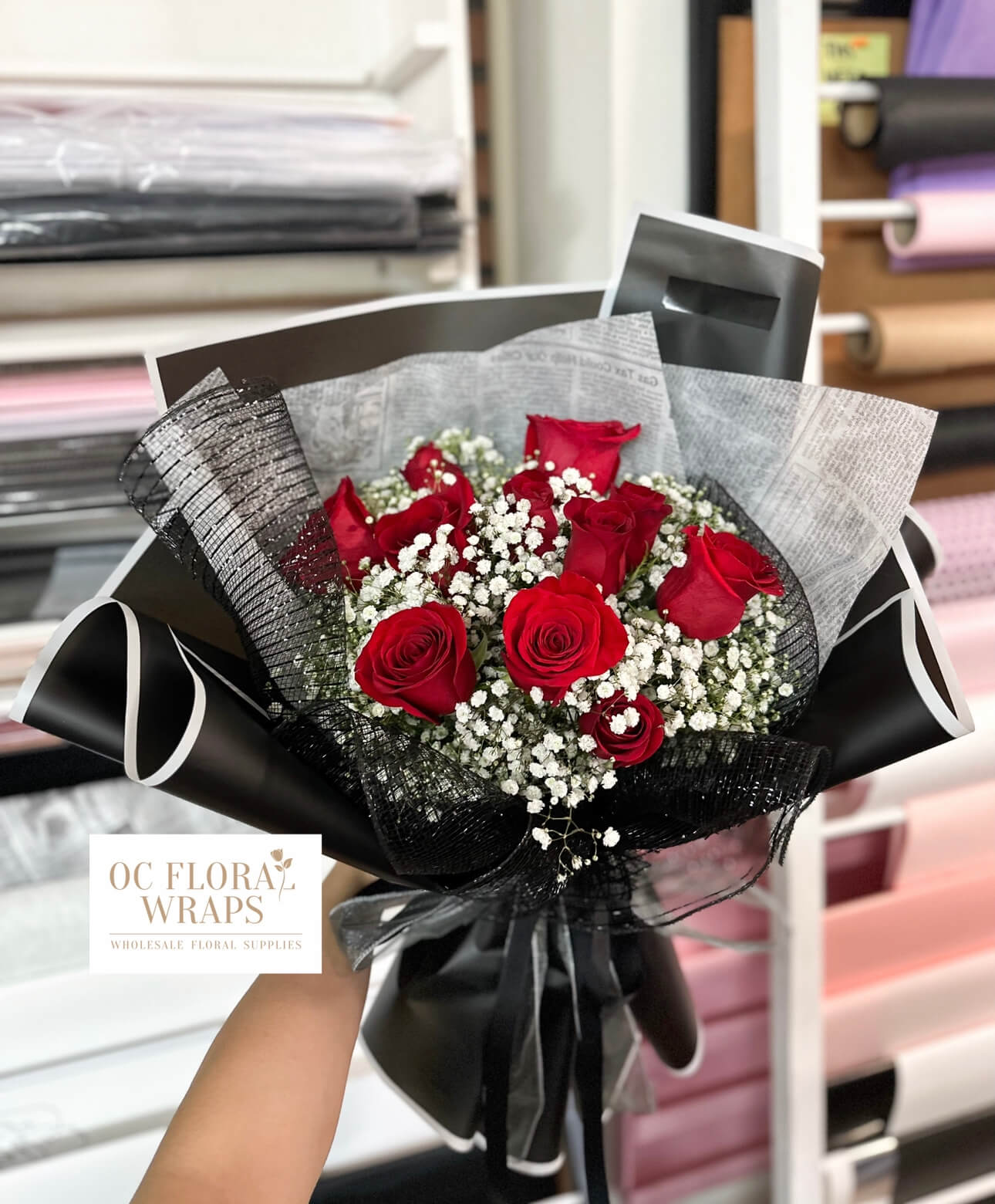 Black/White Edge Waterproof Flower Wrapping Paper, 20Sheets/Bag