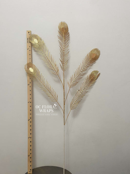 Faux Gold Peacock Feather 5 Branches, 1 Stem 37in